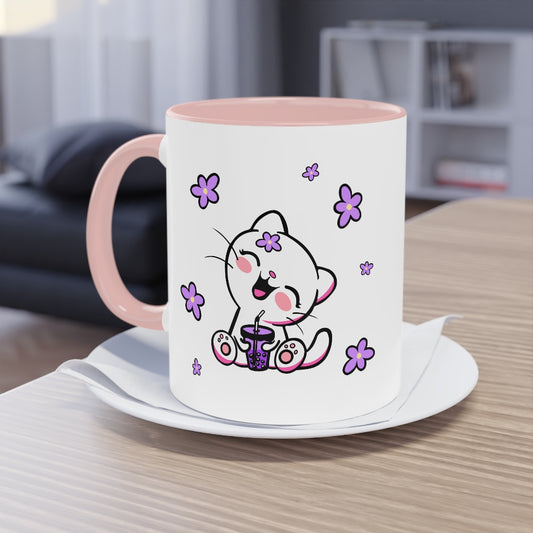 Kawaii Kitty with Flowers - Two-Tone Coffee Mug, 11oz