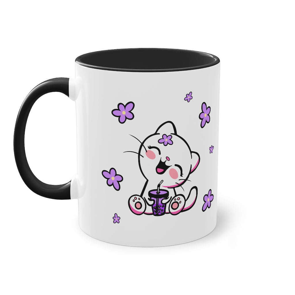 Kawaii Kitty with Flowers - Two-Tone Coffee Mug, 11oz