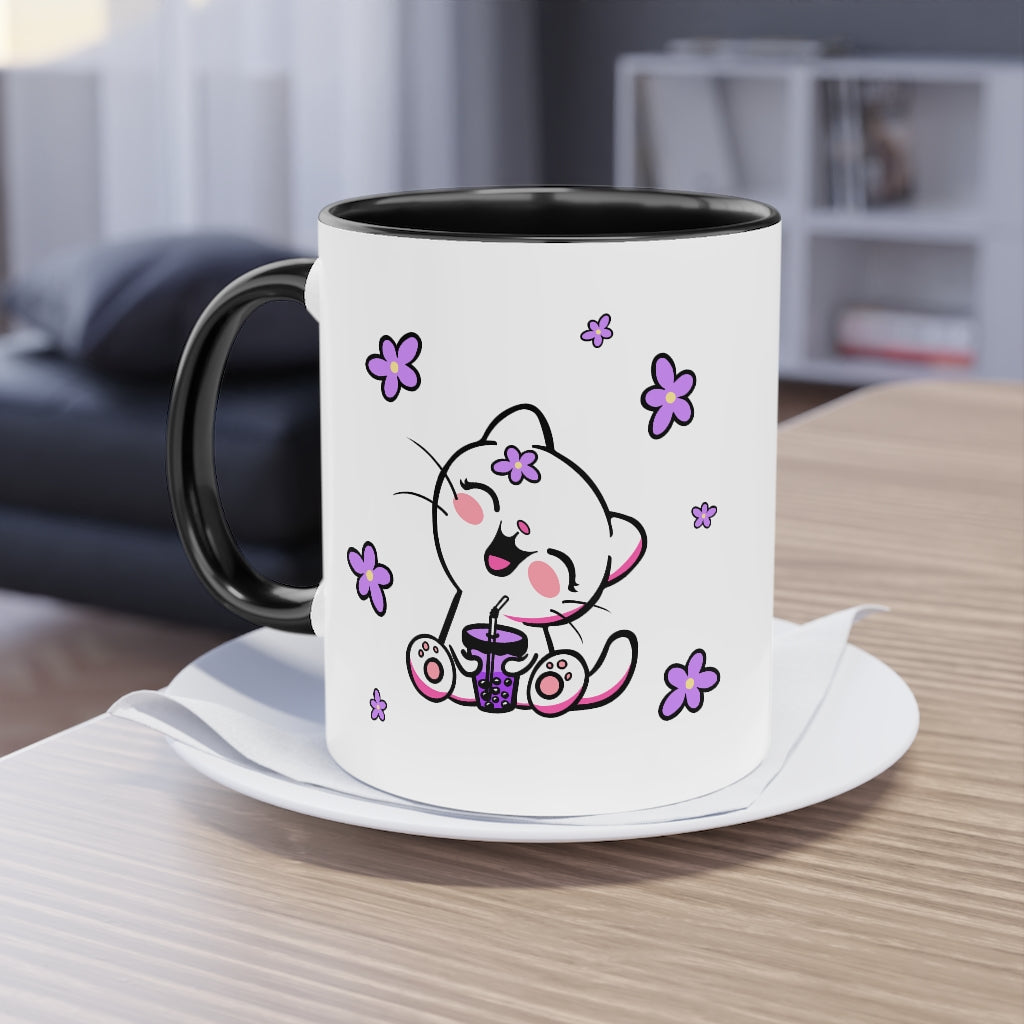 Kawaii Kitty with Flowers - Two-Tone Coffee Mug, 11oz