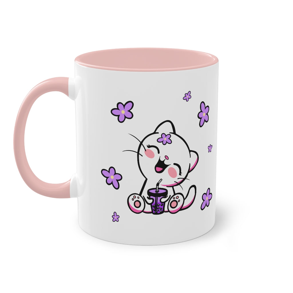 Kawaii Kitty with Flowers - Two-Tone Coffee Mug, 11oz